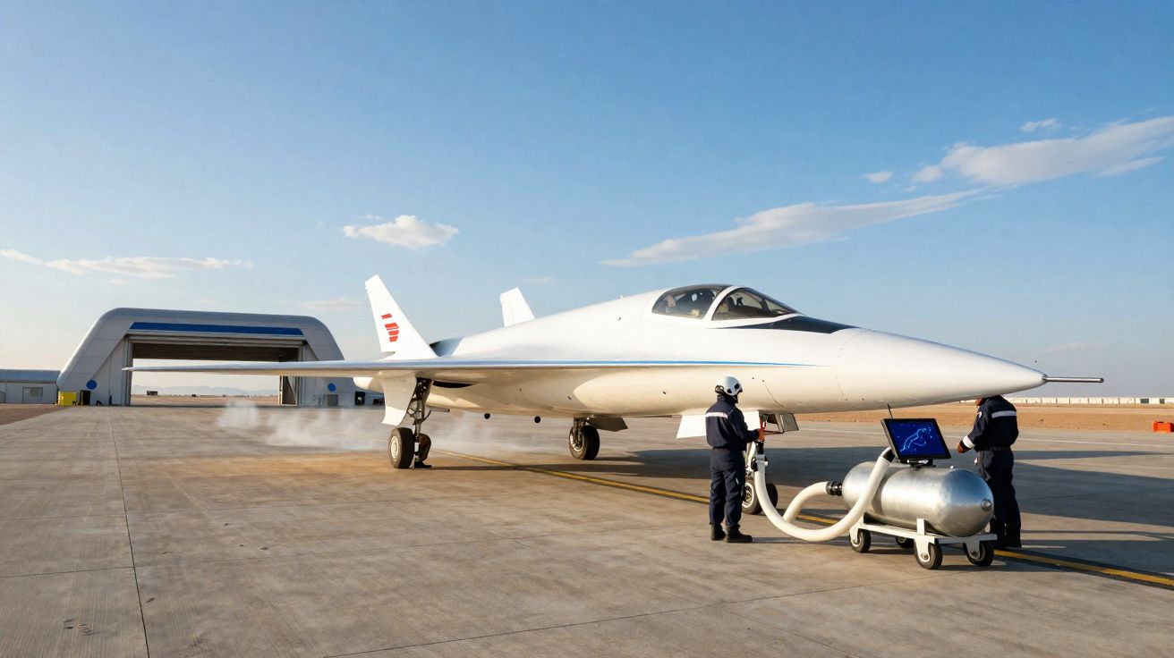 Avião branco futurista em pista de aeroporto com dois técnicos a operar equipamento ao lado.