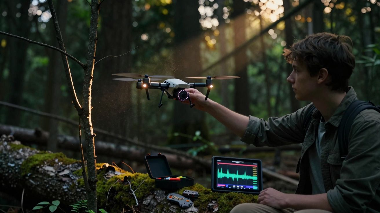 Jovem utiliza drone e portátil para monitorizar dados numa floresta ao entardecer.