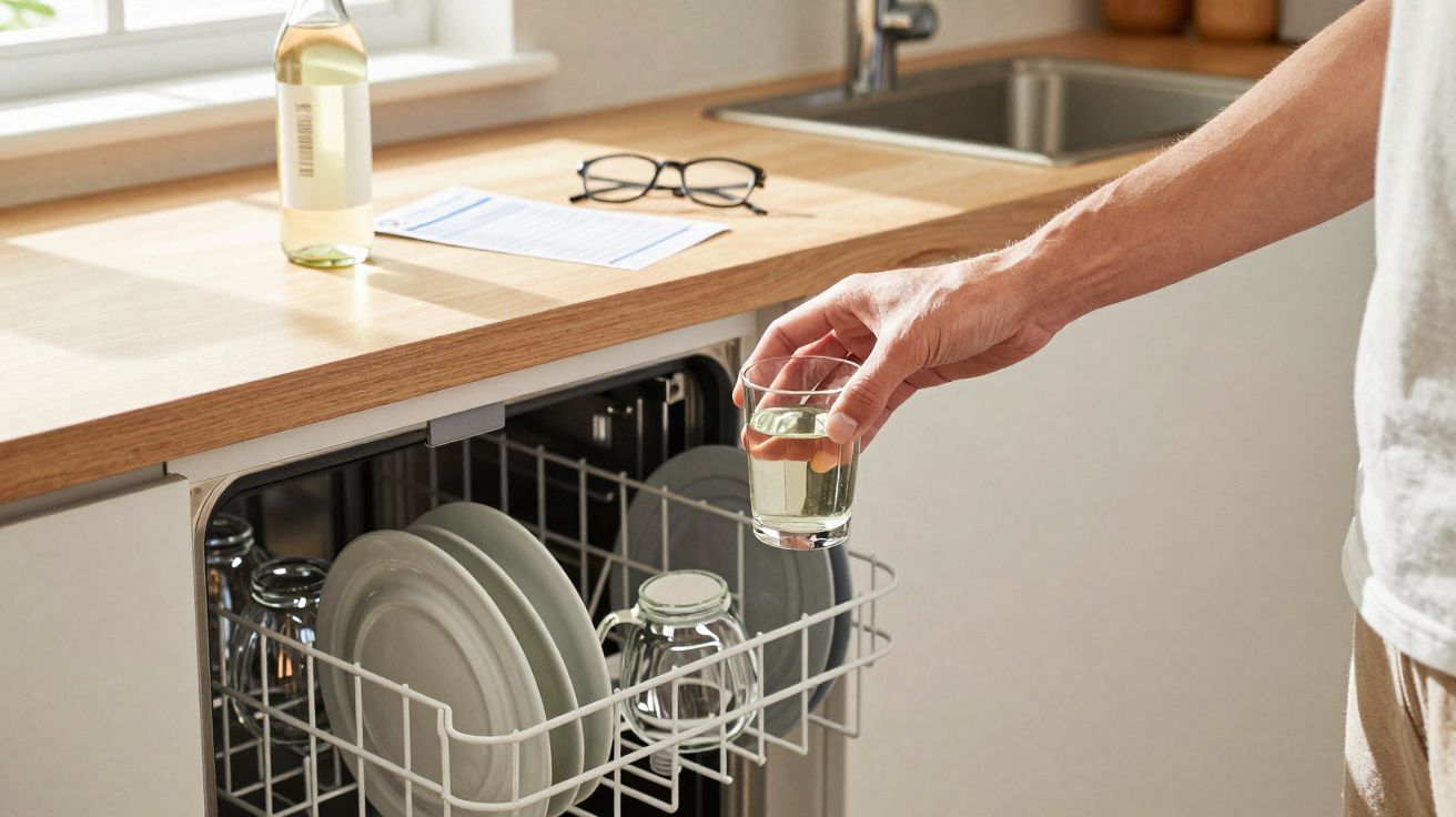 Pessoa a guardar um copo num máquina de lavar loiça numa cozinha moderna com bancada de madeira clara.