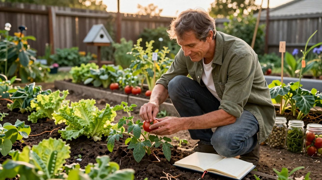 Homem colhe tomateiras num jardim com legumes e livro aberto ao lado durante o pôr do sol.