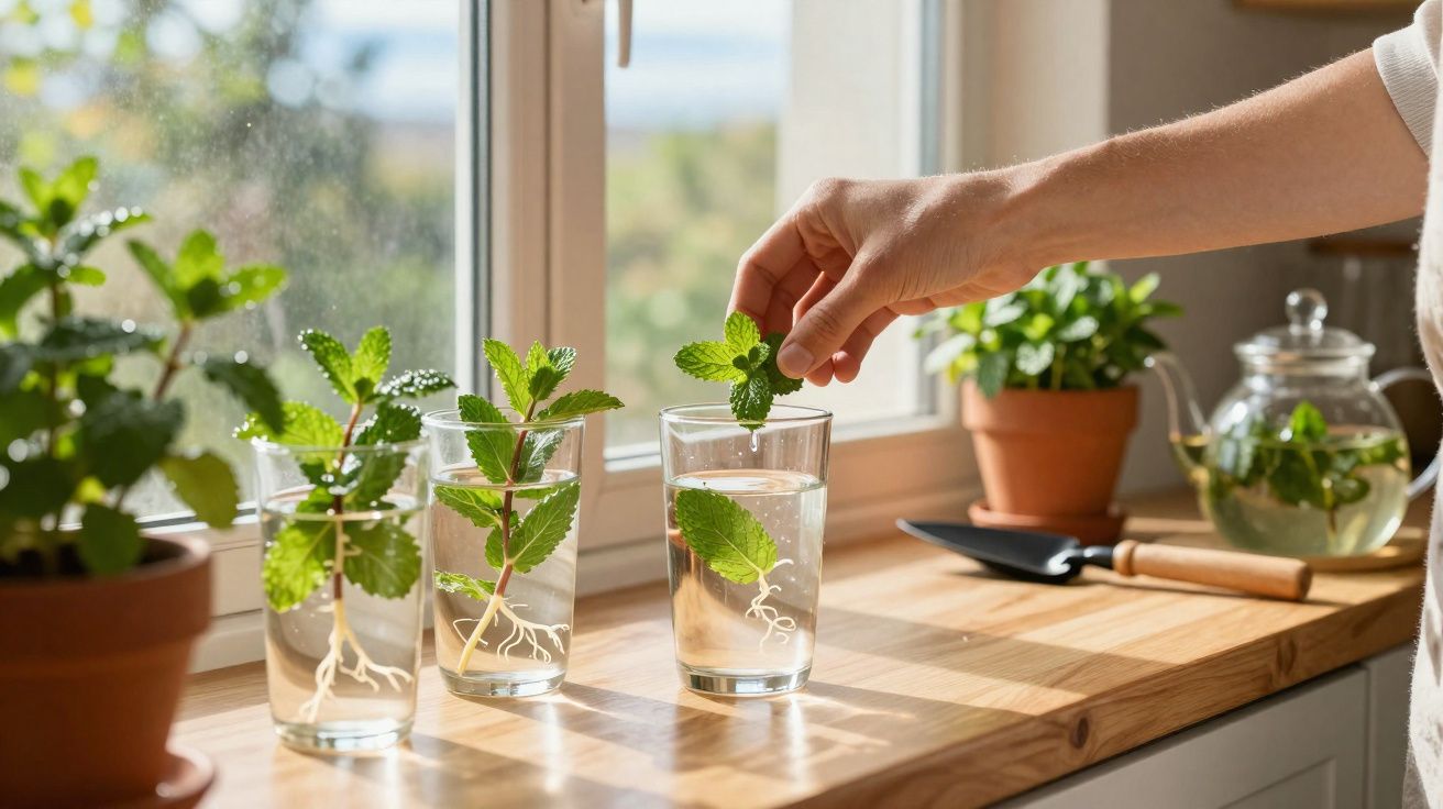 Mãos a cultivar plantas em copos de vidro junto a janela, com raízes visíveis na água.