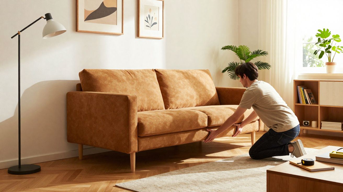 Pessoa a instalar sofá castanho numa sala iluminada com decoração moderna e plantas.