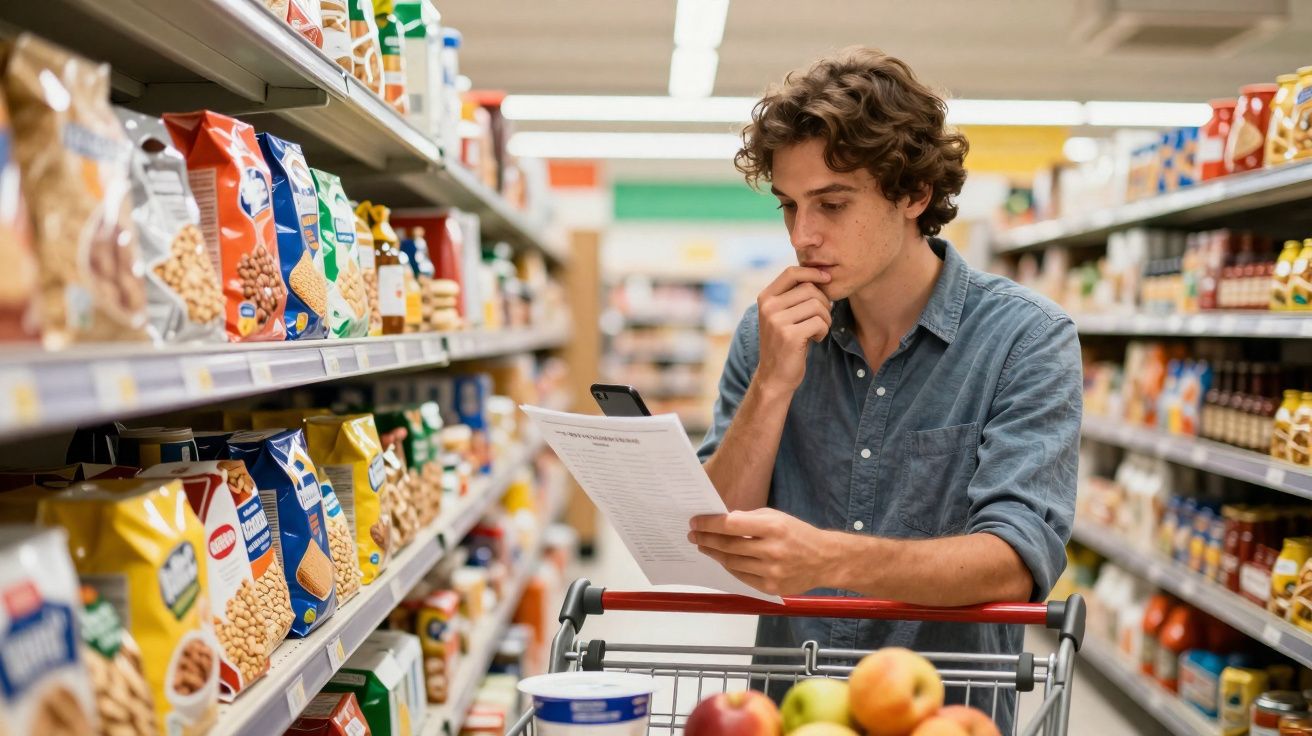 Homem jovem no supermercado a olhar pensativo para uma lista de compras com carrinho cheio de frutas.