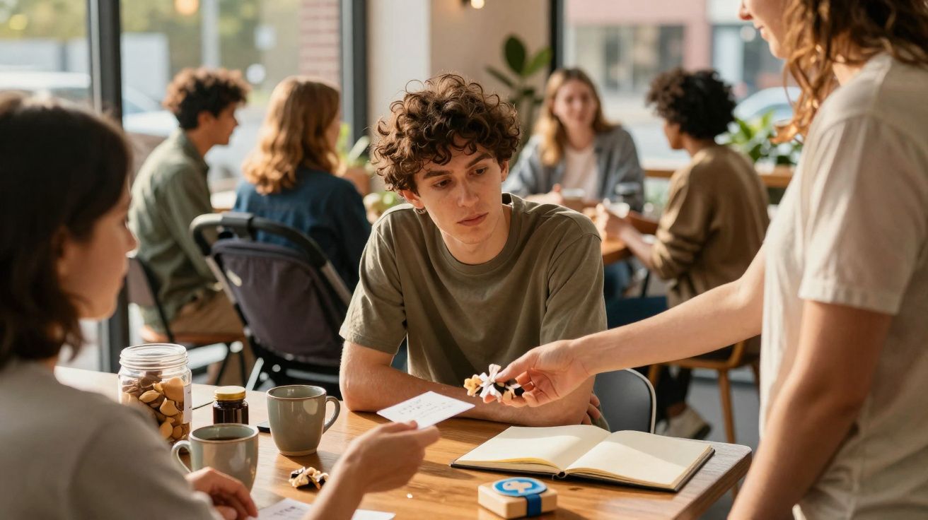 Grupo de jovens amigos sentados à mesa a trocar brinquedos e bilhetes num café acolhedor.