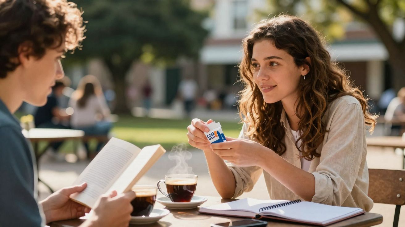 Jovens sentados ao ar livre com livros e café, enquanto mulher adiciona açúcar na chávena.