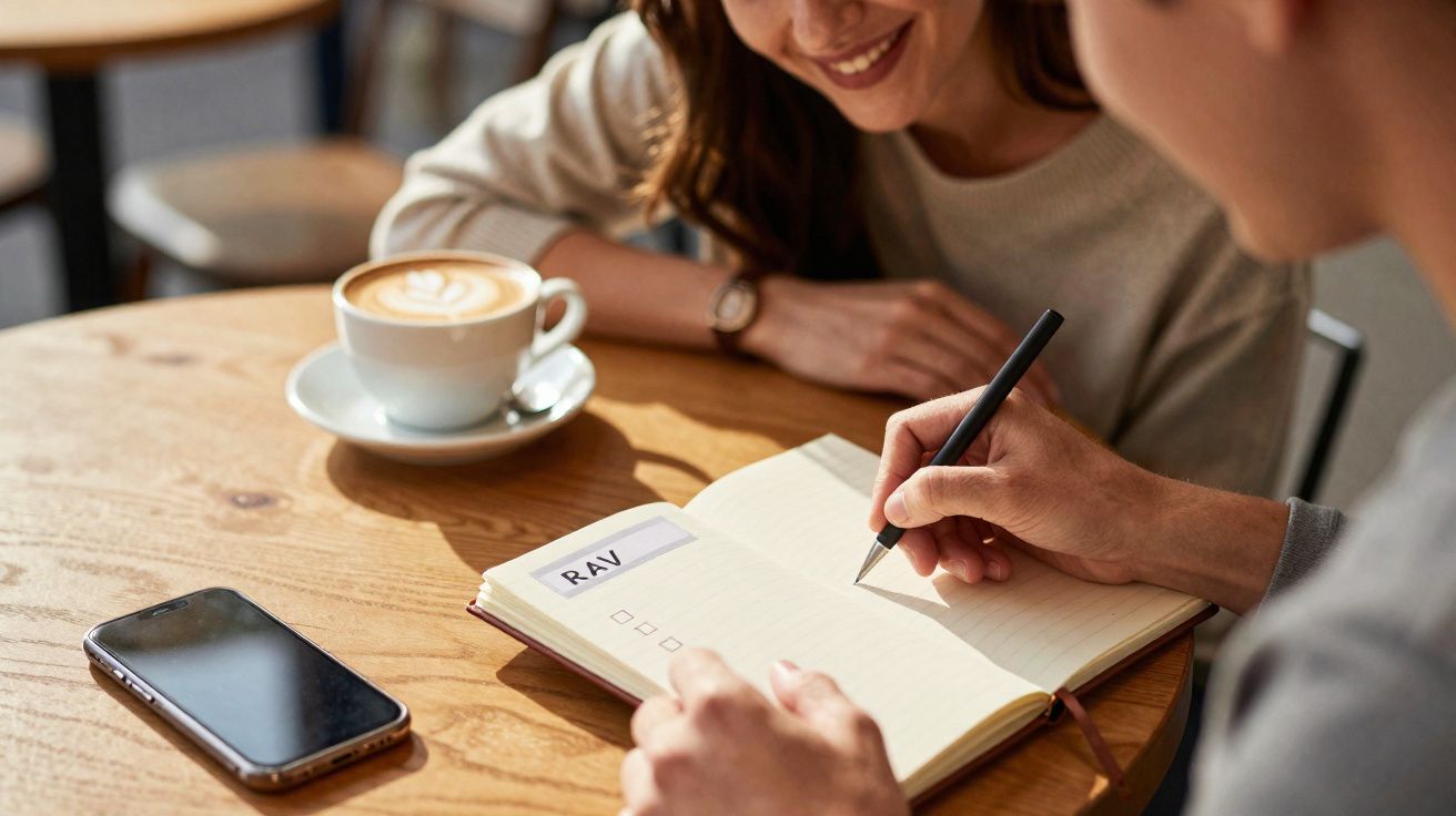 Duas pessoas numa mesa de café, uma escreve num caderno com a palavra "RAV", há um telemóvel e uma chávena de café.