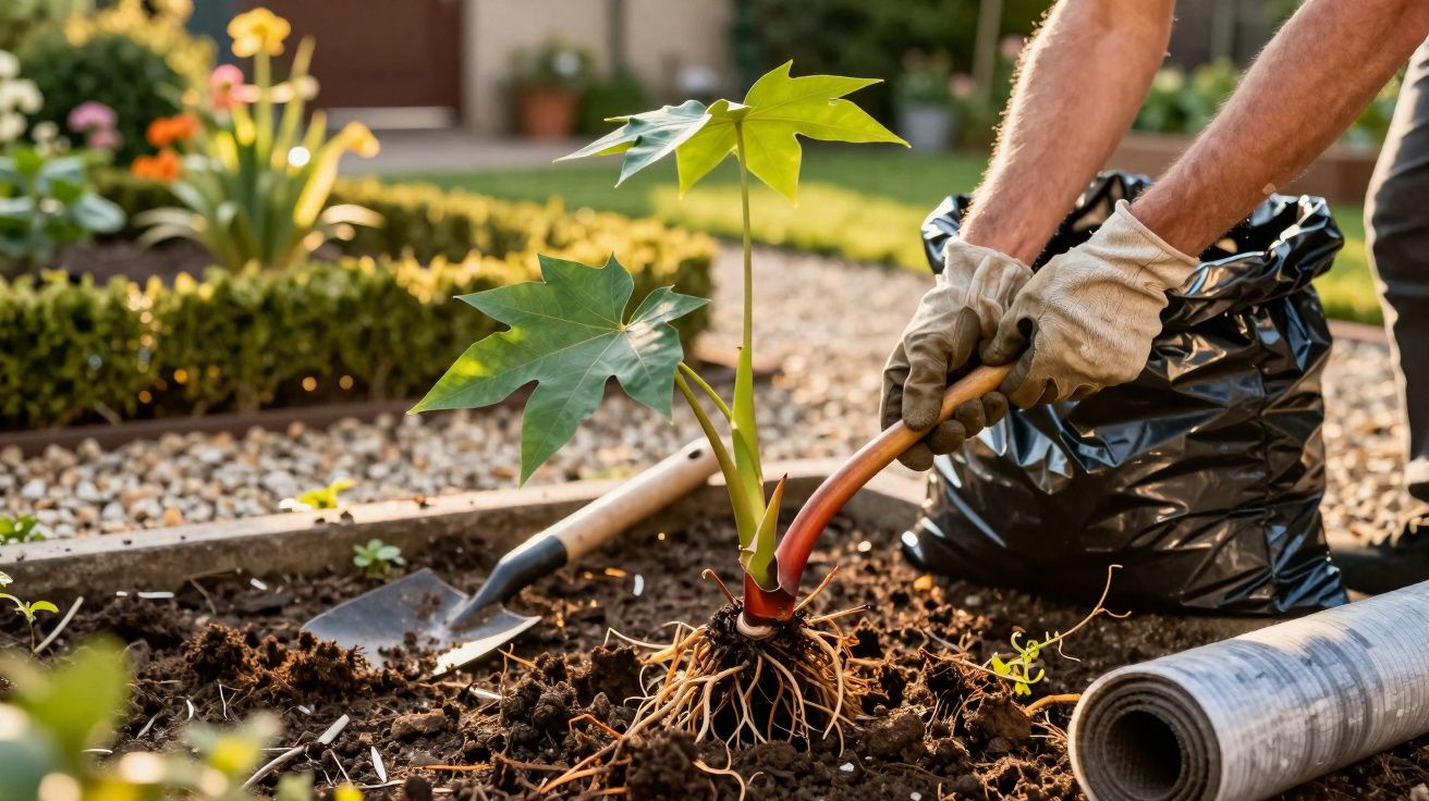 Pessoa a plantar muda de planta com luvas em jardim ensolarado, com enxada e saco de lixo preto.