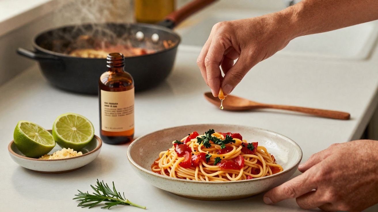 Mãos a temperar prato de esparguete com molho vermelho e ervas, limão e panela ao fundo na cozinha.