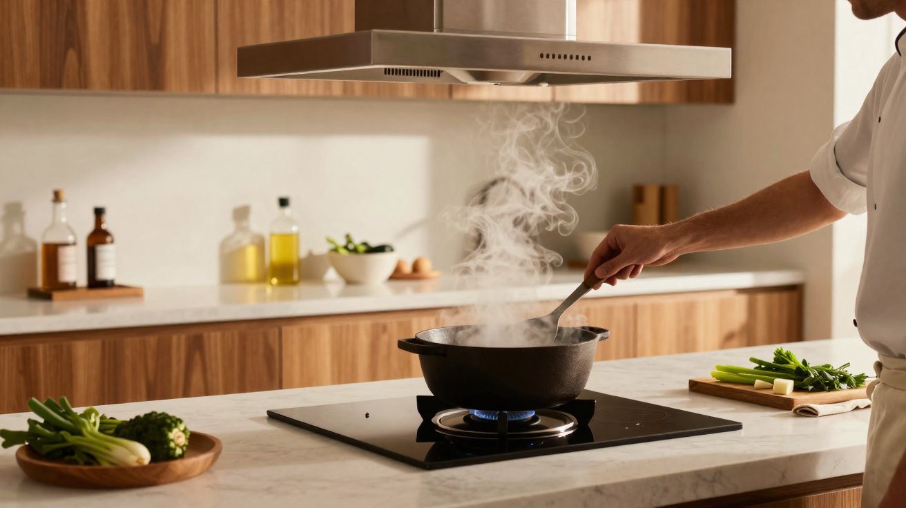 Pessoa a cozinhar numa panela preta a fumegar numa placa de fogão numa cozinha moderna.