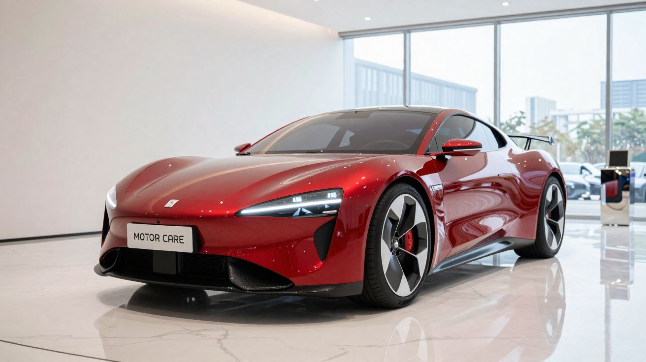 Carro desportivo elétrico vermelho brilhante estacionado em showroom com chão de mármore.