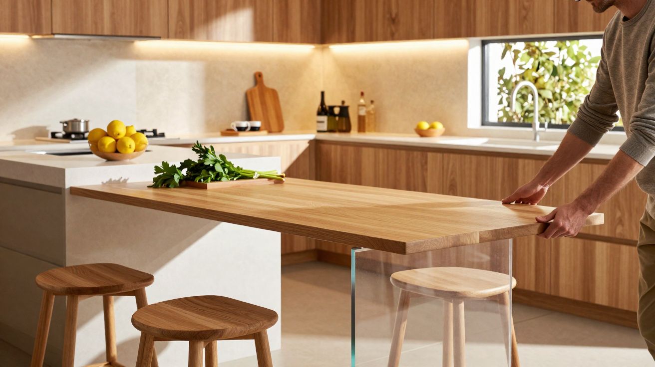 Cozinha moderna com bancada em madeira, bancos de madeira e homem a puxar mesa extensível.