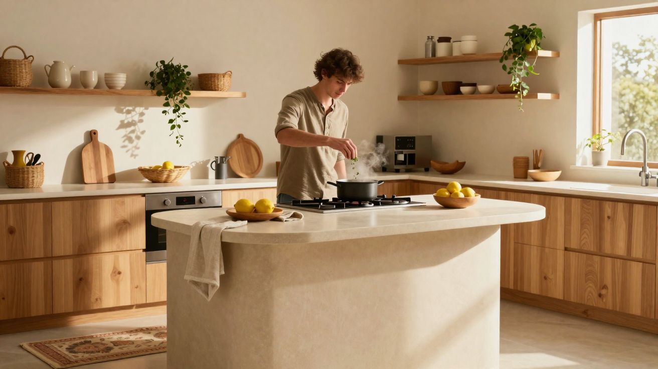 Homem a cozinhar numa cozinha moderna com móveis de madeira e ilha central clara.