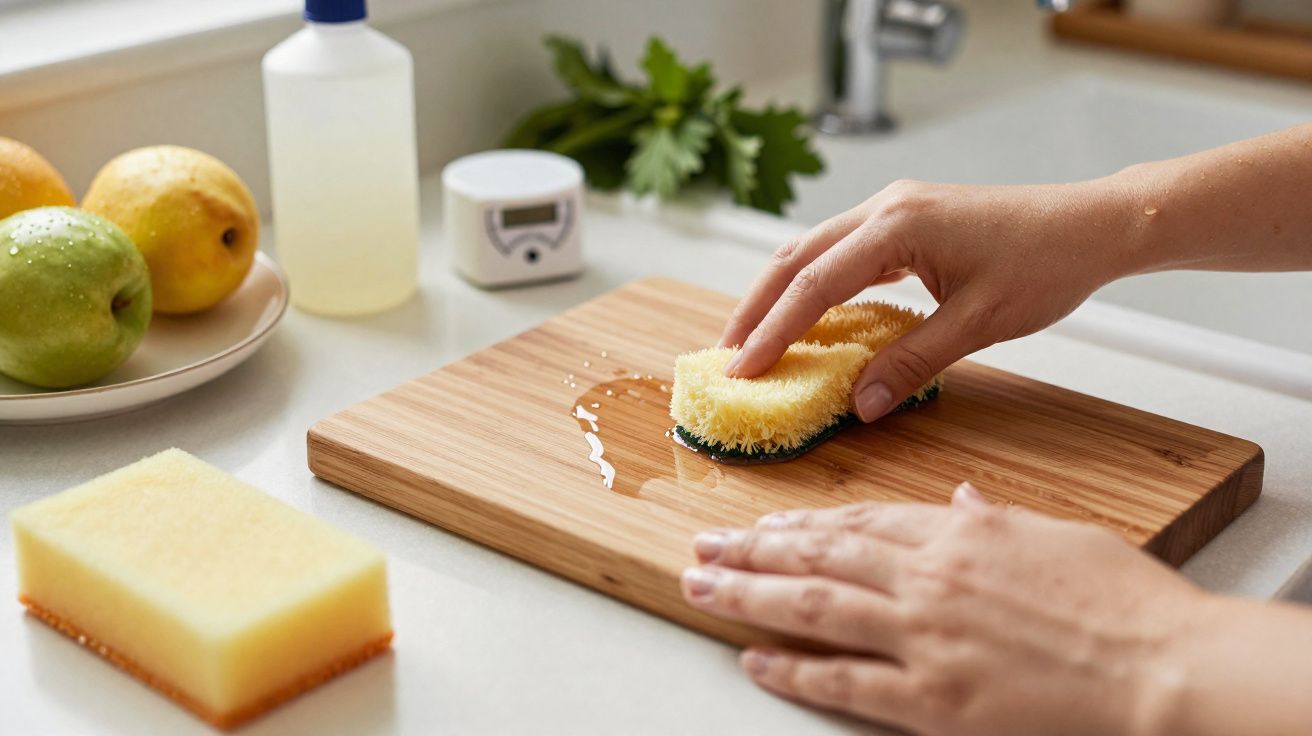 Mãos a limpar uma tábua de madeira húmida com uma esponja amarela numa bancada de cozinha.