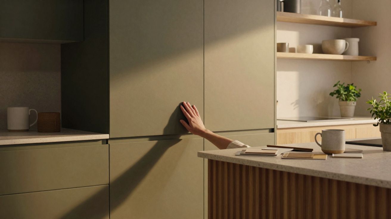 Braço estendido a abrir armário de cozinha verde com balcão em primeiro plano e plantas decorativas.