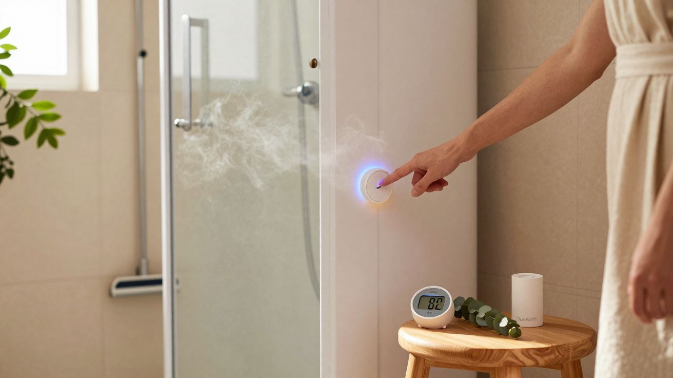 Pessoa ativa botão de controlo de vaporizador numa casa de banho com ambiente moderno e minimalista.