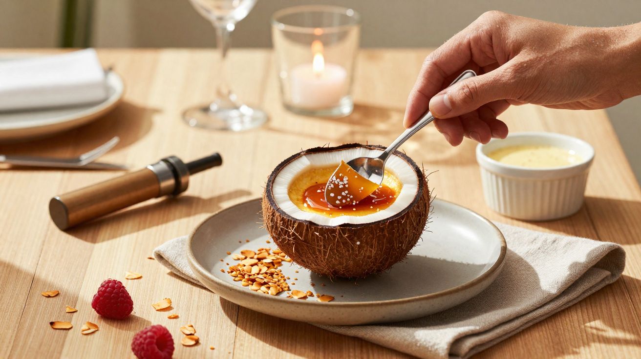 Sobremesa servida em coco com caramelo, decorada com sementes e acompanhada de framboesas e amêndoas.