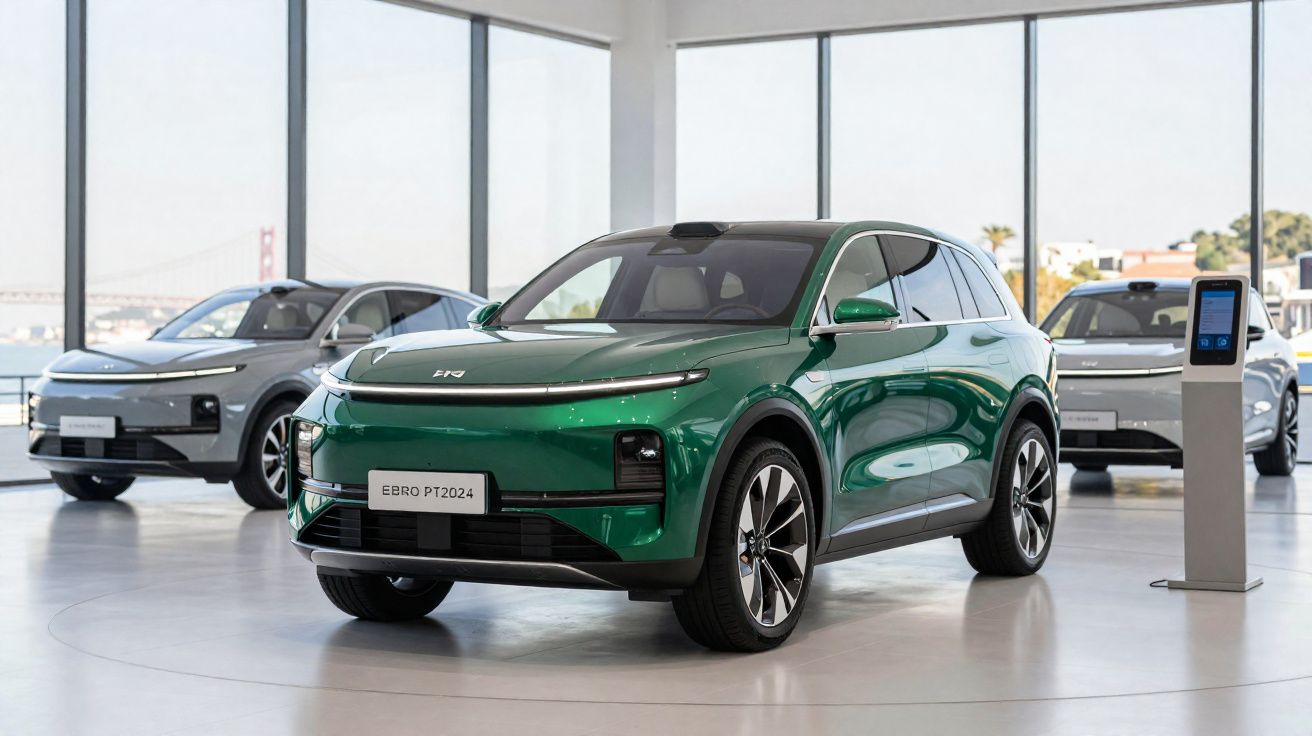 Automóvel elétrico verde Ebro PT2024 em exposição numa sala com janelas amplas e outros carros ao fundo.