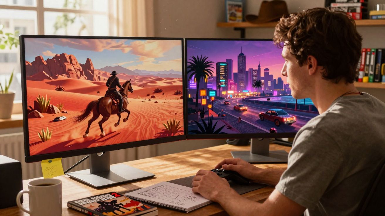 Homem a jogar videojogo num PC com dois ecrãs a mostrar cenas de faroeste e cidade à noite.
