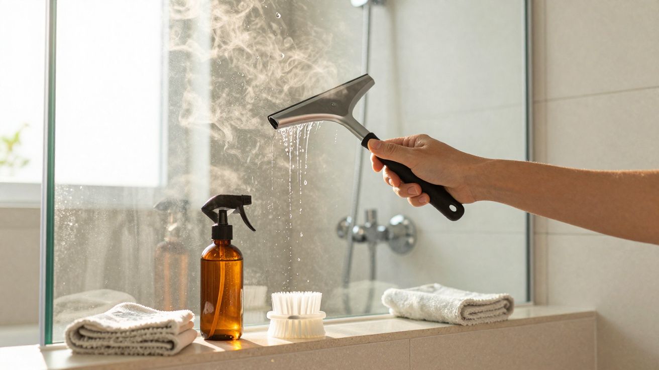 Mão limpa vidro de casa de banho com limpa-vidros e vapor, com toalhas e frasco de spray ao lado.