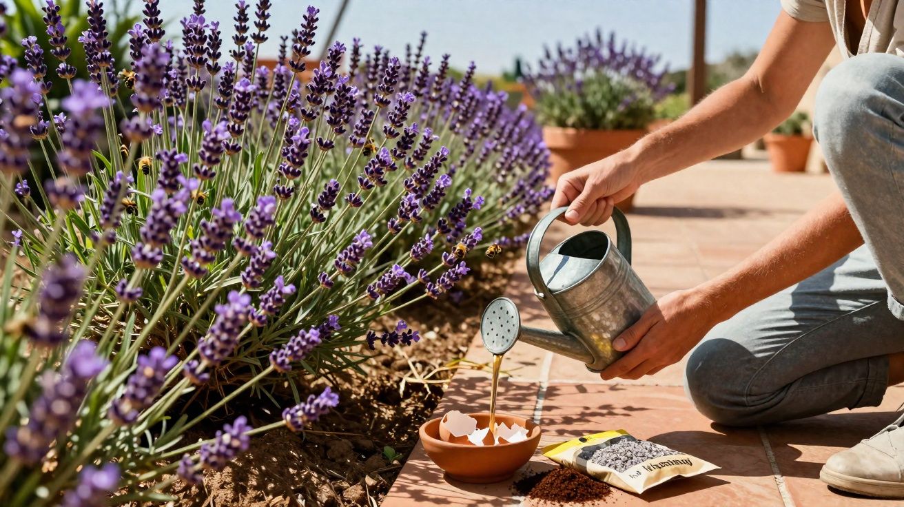 Pessoa rega plantas de lavanda num jardim exterior com regador de metal e cascas de ovo.