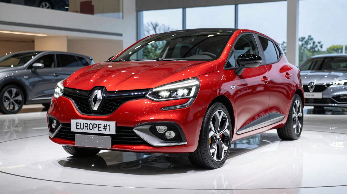 Carro vermelho Renault Clio novo em exposição num salão automóvel moderno.
