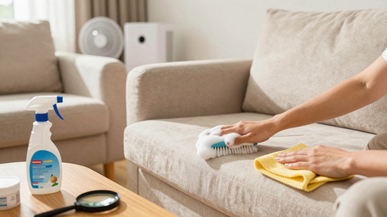 Pessoa a limpar sofá bege com escova e detergente, ao lado de uma mesa com lupa e spray de limpeza.