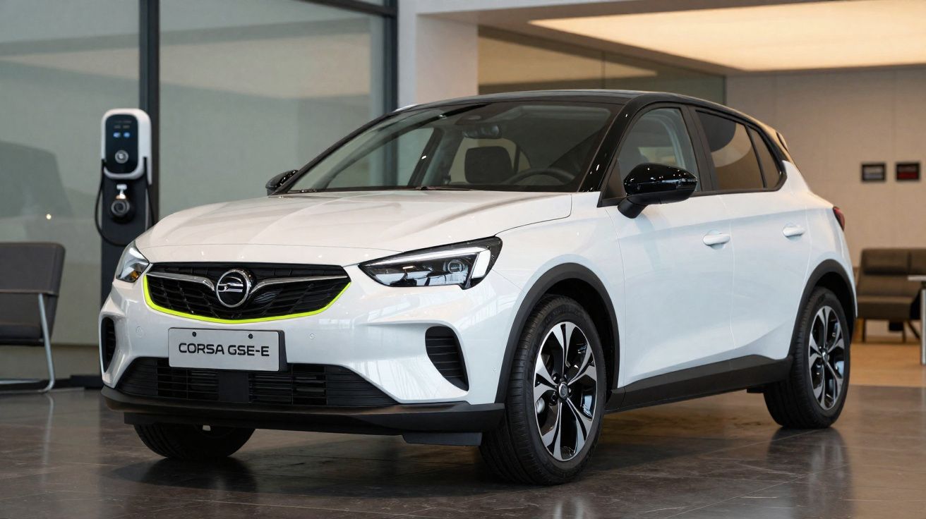 Carro elétrico branco Opel Corsa GSÉ-E estacionado junto a parede com estação de carregamento.
