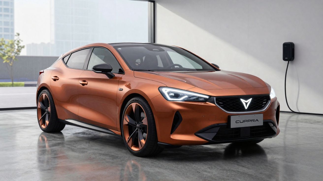 Carro Cupra elétrico de cor cobre numa garagem moderna junto a uma tomada de carregamento.