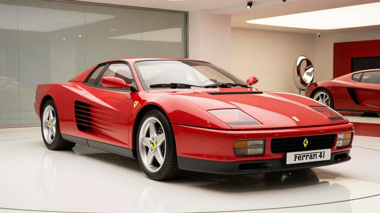 Carro desportivo Ferrari 41 vermelho, exibido numa sala moderna e iluminada.