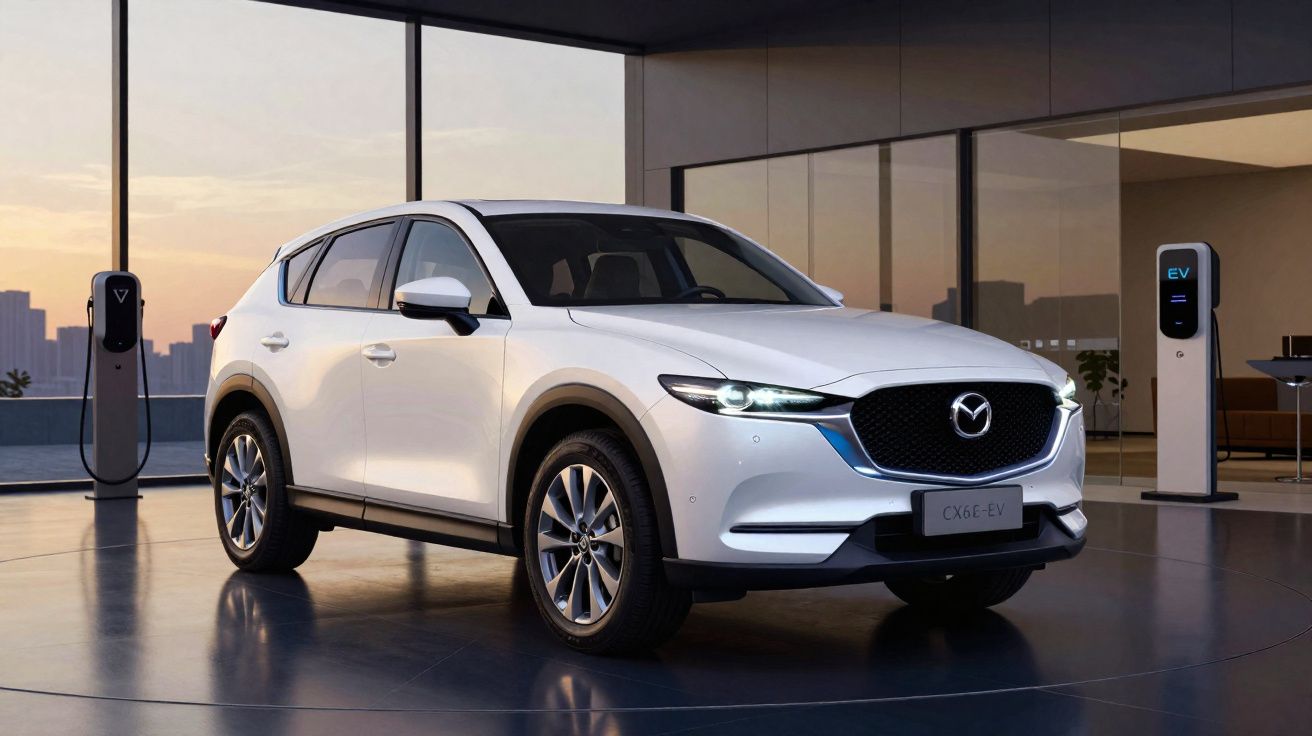 Carro elétrico branco Mazda CX-60 EV estacionado em interior moderno junto a carregadores.