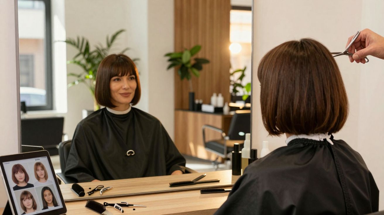 Mulher senta-se no cabeleireiro com capa preta enquanto é cortado o cabelo, olhando para o espelho.