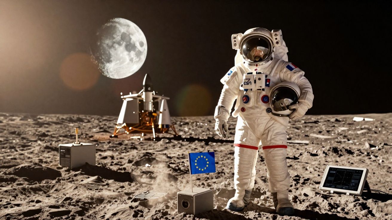 Astronauta com capacete na mão na superfície lunar, ao lado de uma bandeira da União Europeia e módulo lunar.