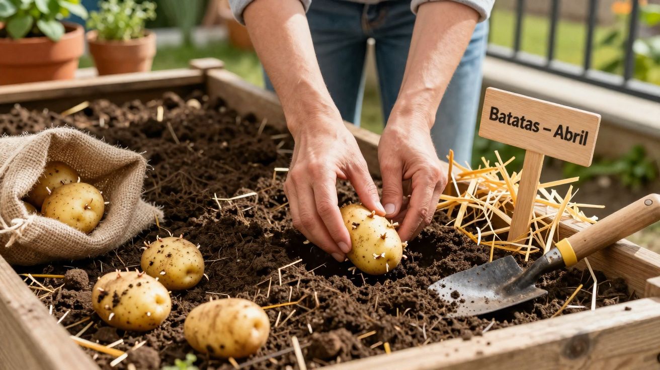 Mãos a plantar batatas num canteiro, com placa indicativa "Batatas – Abril" e saco com batatas ao lado.