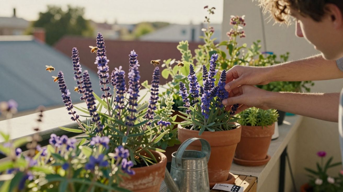 Pessoa a cuidar de plantas com flores lilases num vaso num terraço ensolarado.