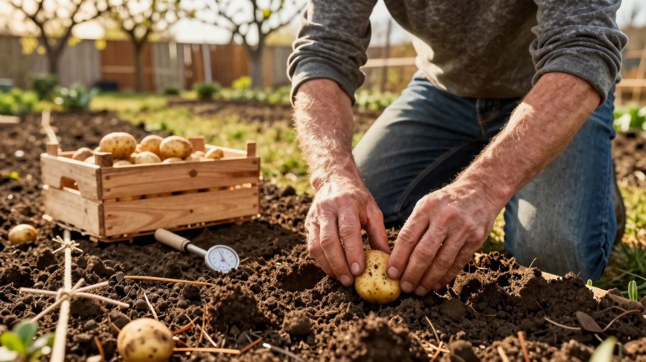 Pessoa a plantar batata no solo com caixa de madeira com batatas ao lado num jardim.