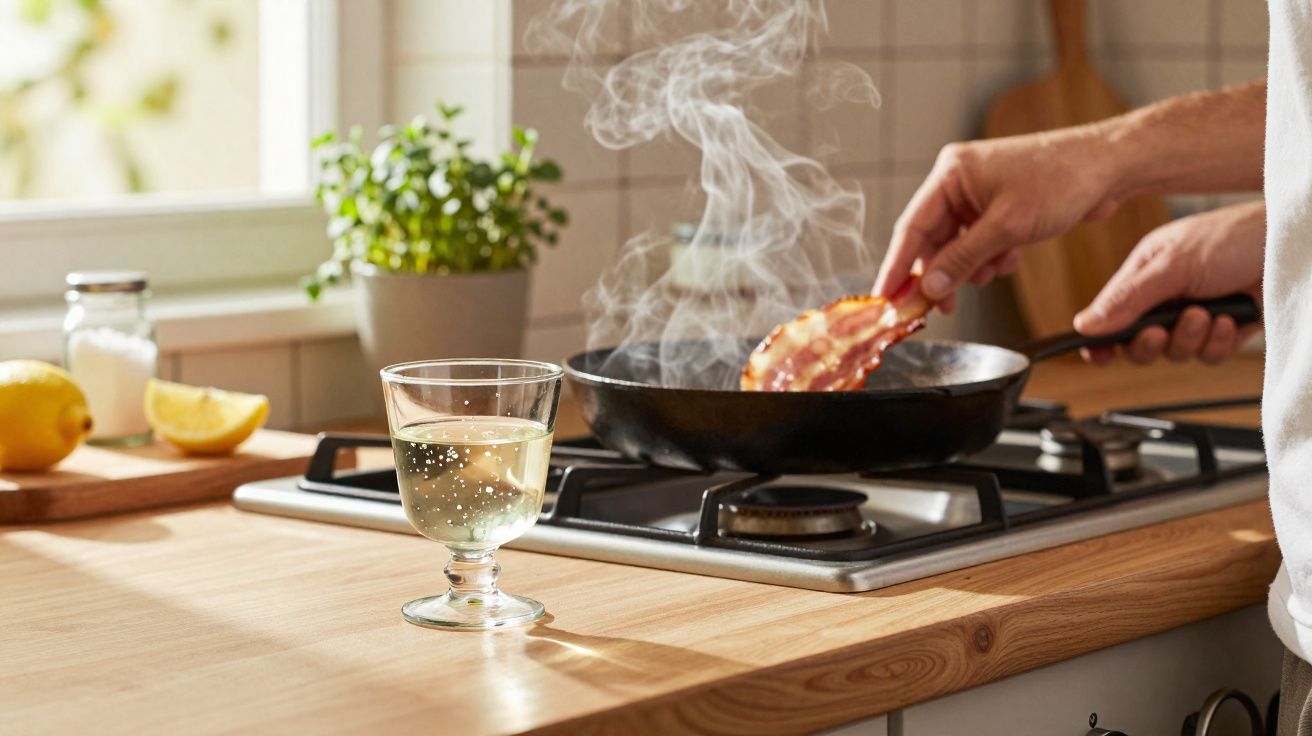 Pessoa a fritar bacon numa frigideira com copo de vinho branco e limão num balcão de madeira na cozinha.