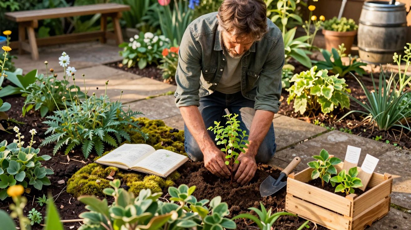 Homem a plantar uma muda de planta num jardim com ferramentas e plantas ao redor.