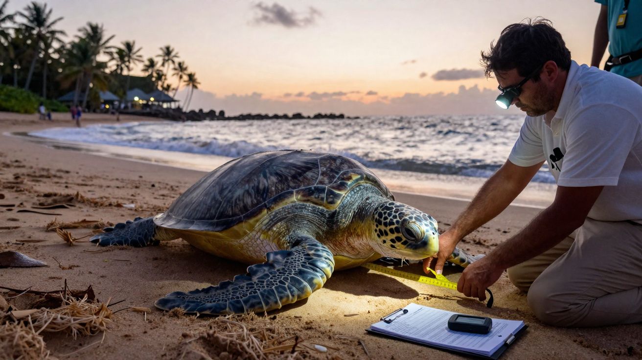 Homem mede uma tartaruga marinha num areal ao pôr do sol, com clipboard e medição na areia.