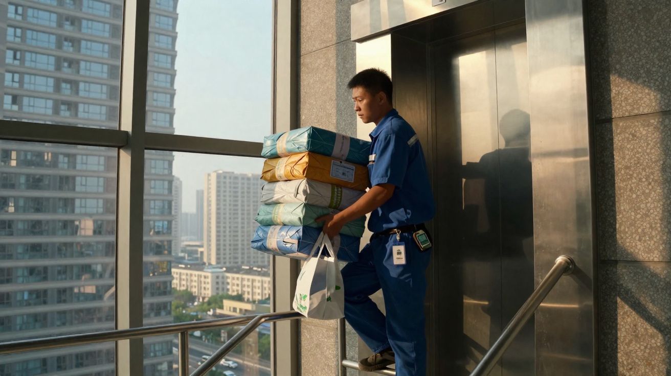 Homem vestido de azul transporta várias encomendas enquanto sobe escadas num edifício moderno com vista urbana.