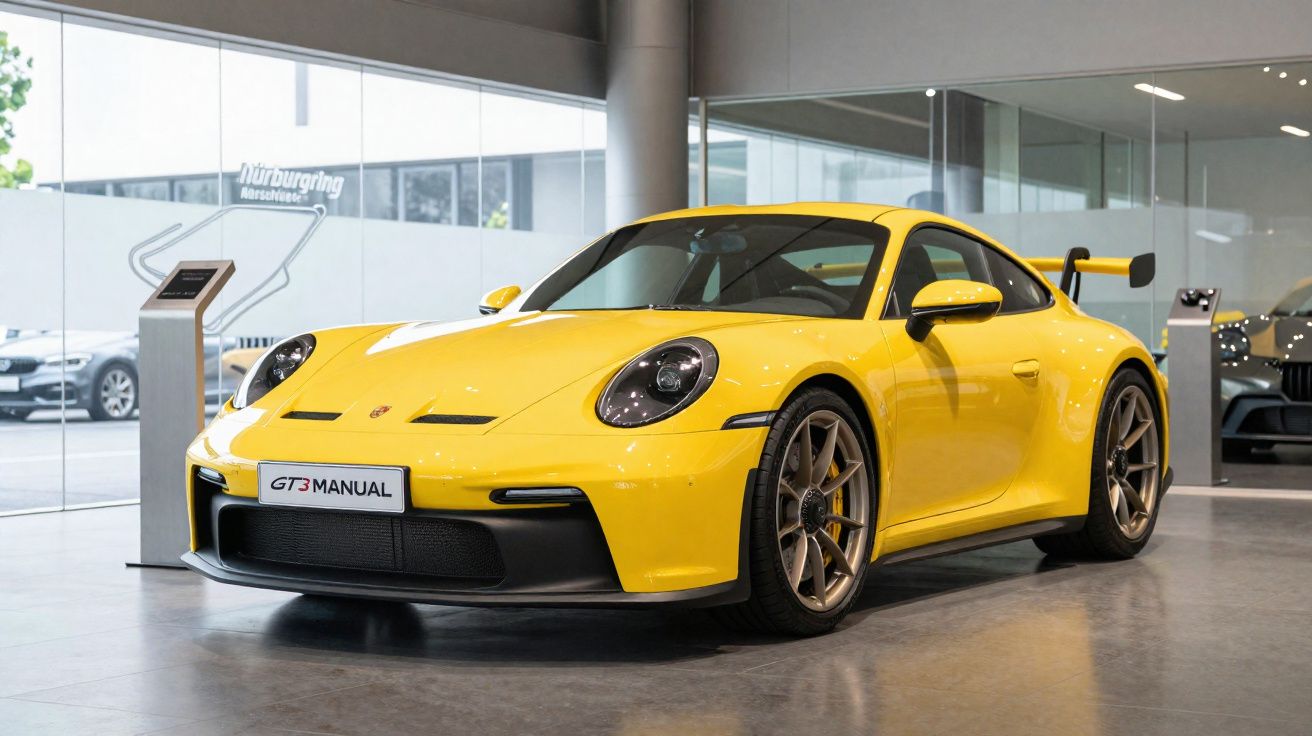 Carro desportivo amarelo Porsche GT3 Manual estacionado em showroom moderno com vidros amplos.