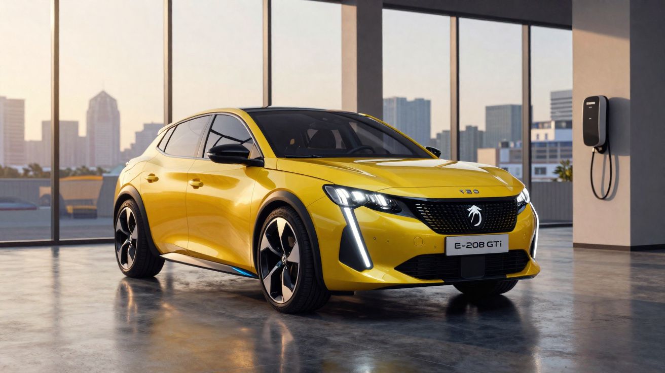 Carro elétrico amarelo Peugeot E-208 GTi numa garagem moderna com janelas grandes e carregador elétrico na parede.