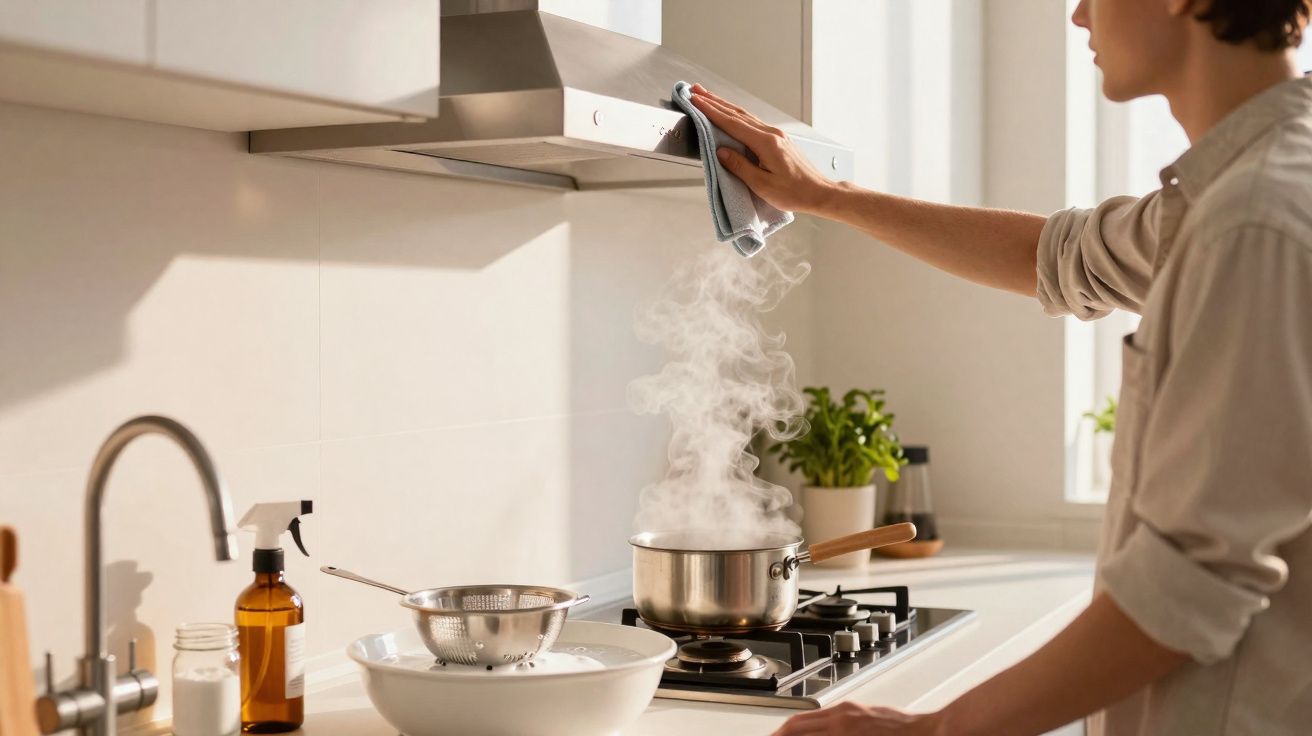 Pessoa a limpar a chaminé da cozinha enquanto fervilha um tacho no fogão a gás.