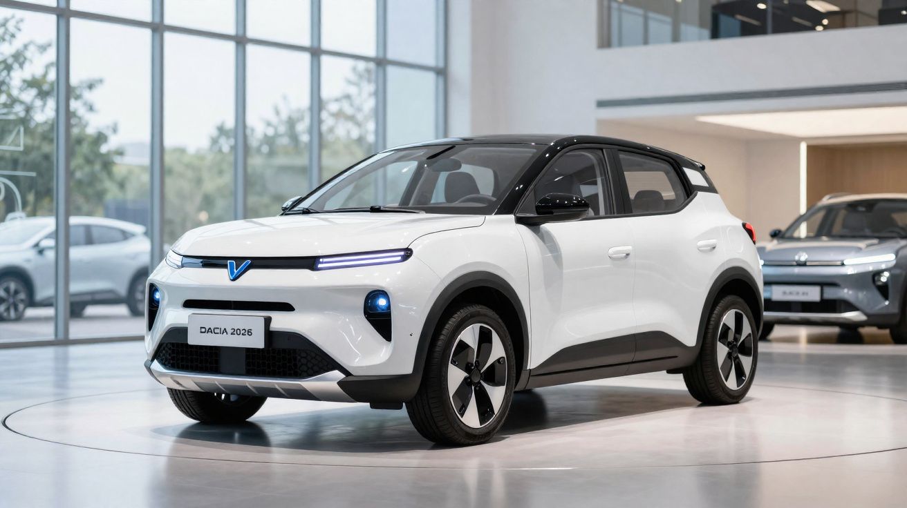 Carro elétrico branco Dacia 2026 exposto num salão moderno com grandes janelas e luz natural.