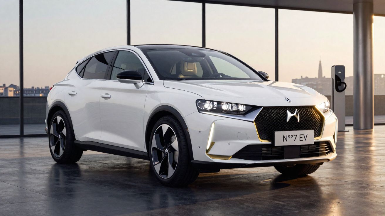 Veículo elétrico branco DS 4 Coupé em sala moderna com janelas amplas e carregador elétrico.