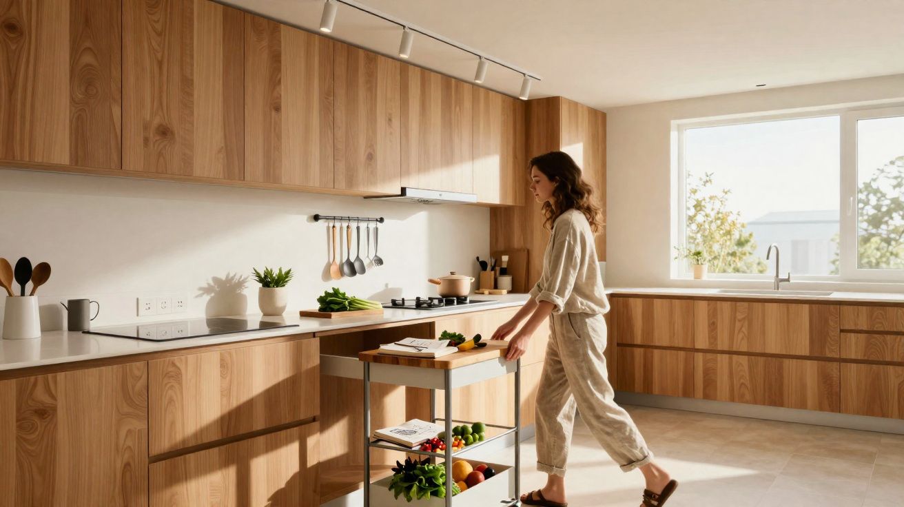 Mulher numa cozinha moderna com móveis de madeira a empurrar um carrinho com frutas e legumes.