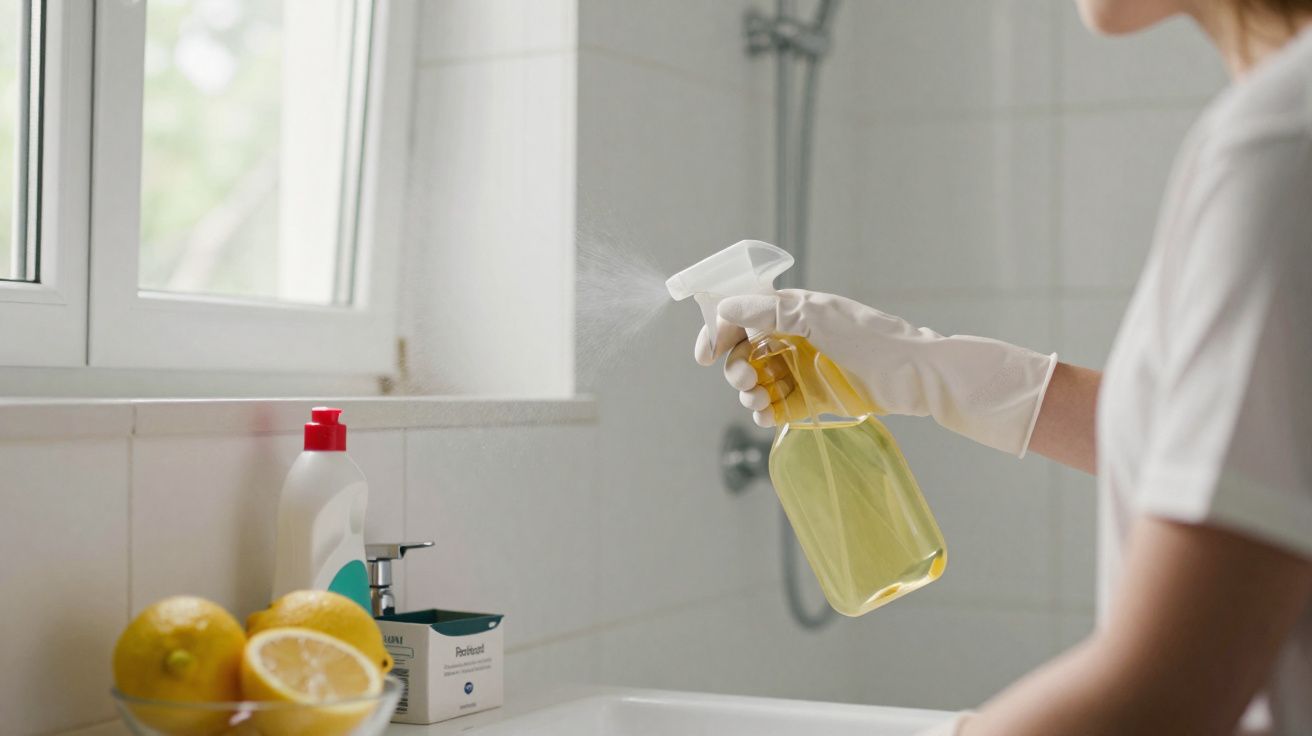 Pessoa com luva branca a pulverizar produto de limpeza amarelo numa casa de banho junto a uma janela.