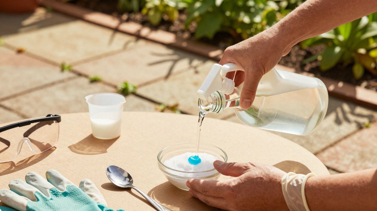 Mãos a despejar líquido sobre detergente em pó numa tigela, com luvas, óculos e colher na mesa.