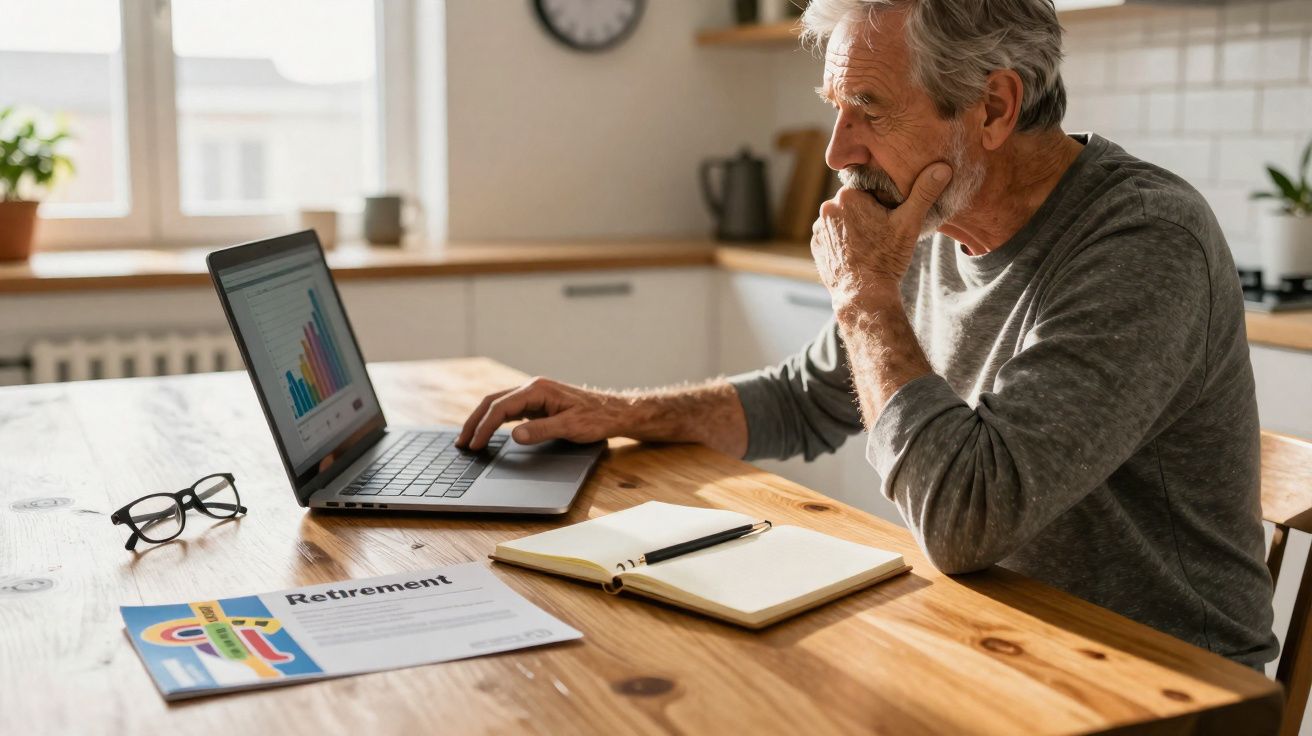 Homem idoso a analisar gráficos financeiros num portátil, sentado à mesa com documentos e caderno numa cozinha.