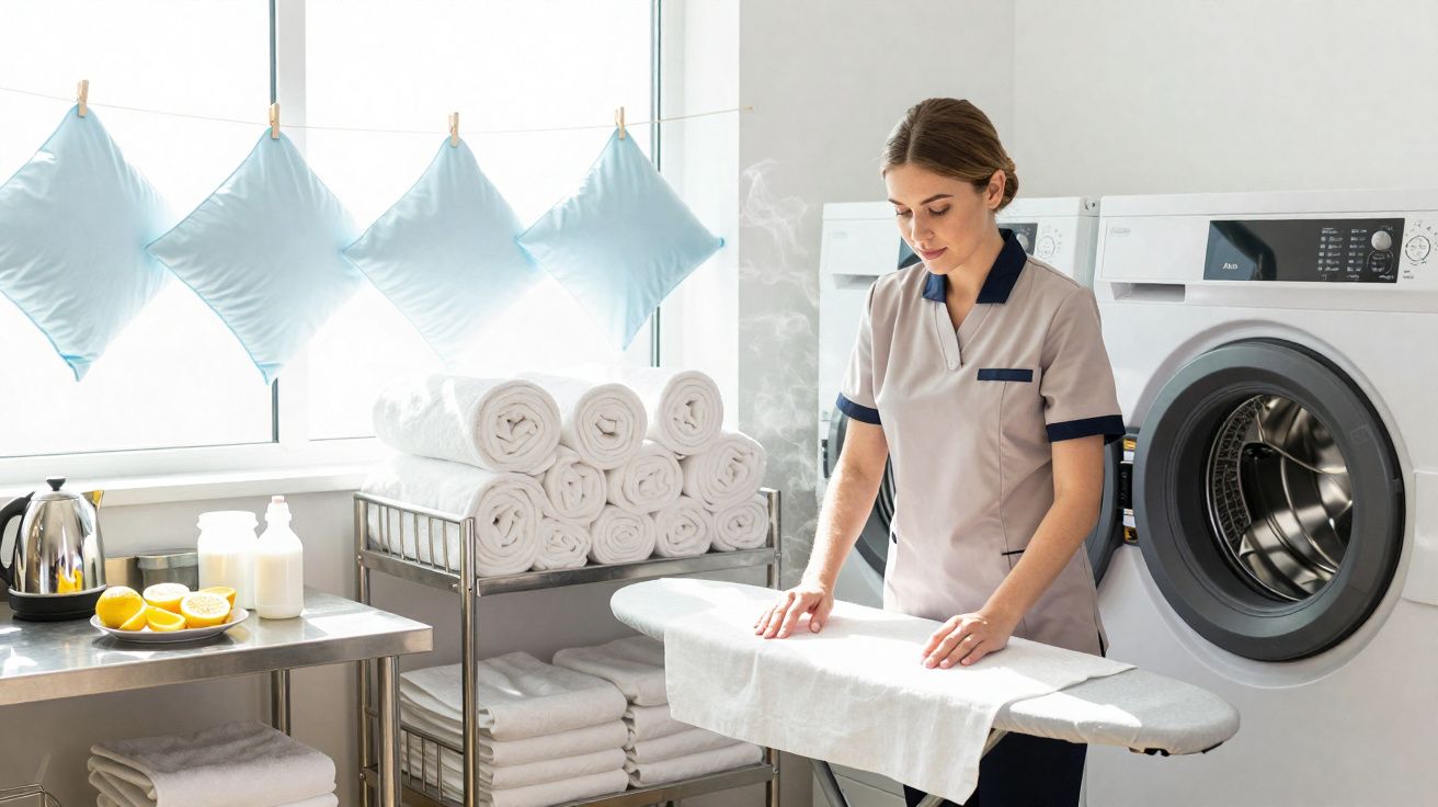 Mulher a passar roupa branca num espaço luminoso com máquinas de lavar e toalhas organizadas.