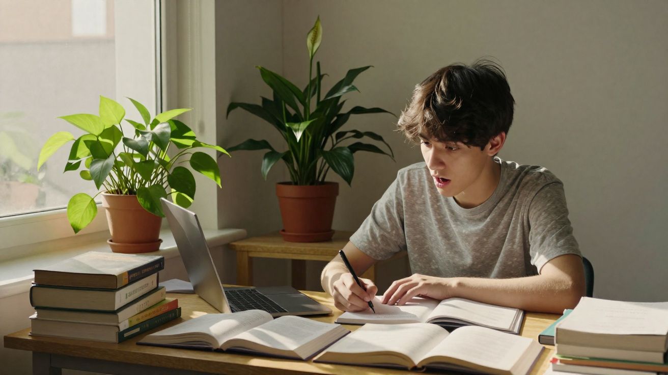 Jovem sentado a estudar numa mesa com livros abertos, escrevendo e usando um portátil num ambiente com plantas.
